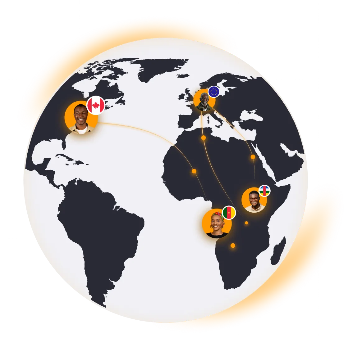 World map connecting the African diaspora to financial institutions in Africa